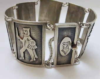 Vintage 900 Silver Casa Prieto Mexico Mayan Aztec Warrior Panel Bracelet