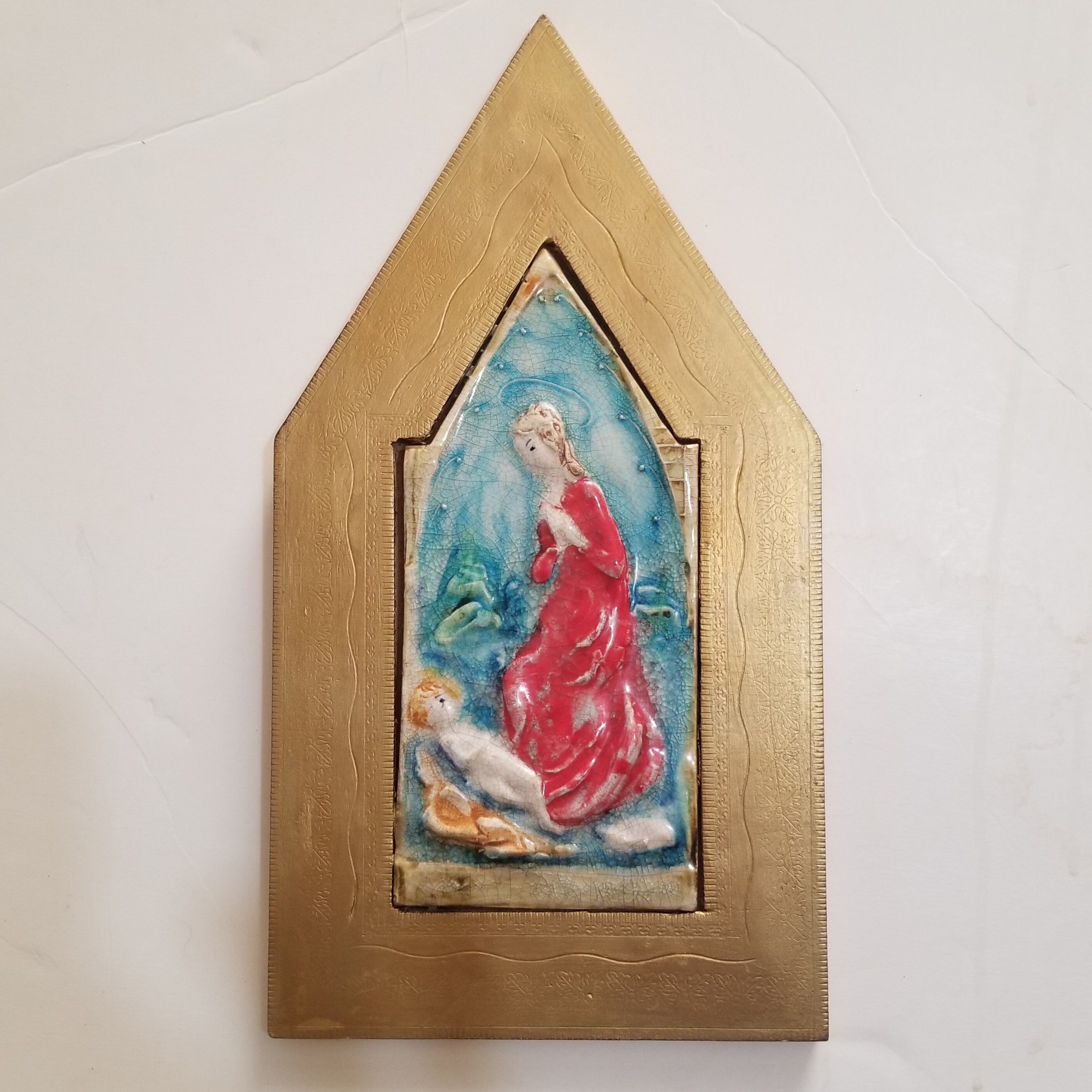 Vintage Italian Gold Gilt Wood Ceramic Wall Plaque Mother Mary Baby ...