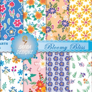 Peut inclure: Un ensemble de 12 motifs de papier numérique avec des motifs floraux dans différentes couleurs, notamment le rose, le bleu, le jaune, le vert et le blanc. Les motifs sont parfaits pour les projets d'artisanat, le scrapbooking et la conception numérique.