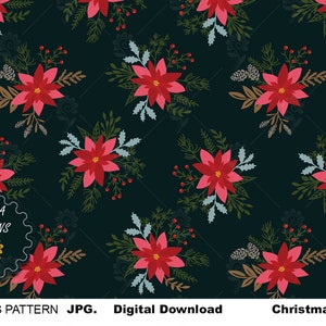 May include: A seamless pattern featuring red poinsettia flowers, green leaves, and brown pine cones on a dark blue background. The pattern is perfect for Christmas crafts and projects.