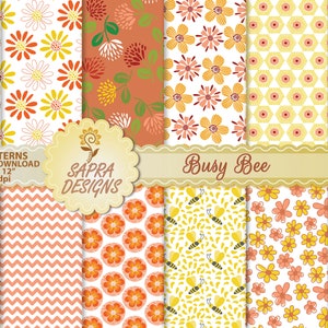 May include: Twelve digital paper patterns featuring bees, flowers, and honeycomb designs in yellow, orange, and red on a white background. The patterns are 12 inches by 12 inches and 300 dpi. The text "Busy Bee" and "Sapra Designs" is included in the image.