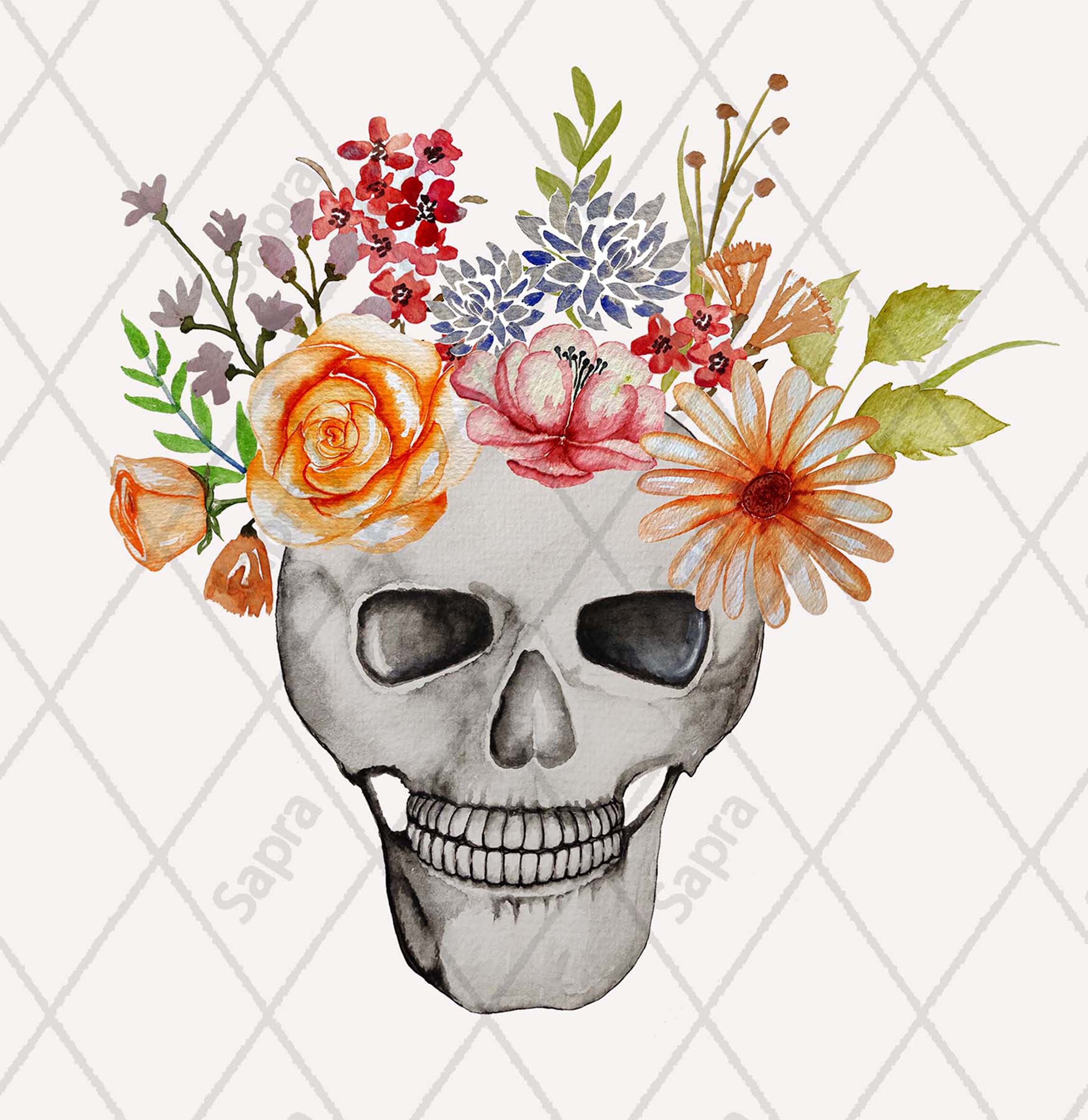 Skull & Flowers Collection Hand Painted Watercolor Elements Skull, Roses, Daisy With