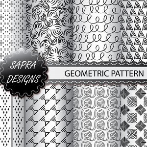 May include: Twelve black and white geometric seamless patterns, each 8 inches by 8 inches. The patterns are arranged in a grid with the text "SAPRA DESIGNS" and "GEOMETRIC PATTERN" in a black banner.