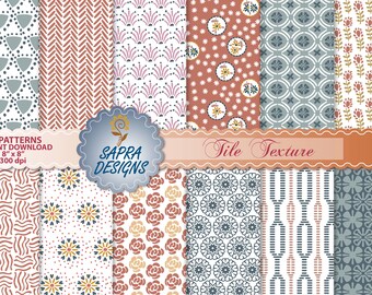 May include: Twelve digital paper patterns featuring tile textures in various colors and designs. The patterns are 8 inches by 8 inches and 300 dpi. The text "Tile Texture" is displayed on a banner.