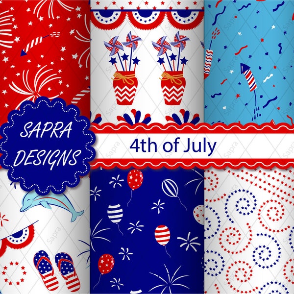 4th of July seamless pattern red, white & blue, clip art balloon, star, flip flops, dolphin, fireworks.