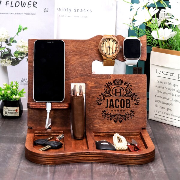 Wood Organizer,Nightstand organizer,Glasses holder,Charging dock,Wooden phone stand,Husband gift,boyfriend gift,gift for men,Docking Station