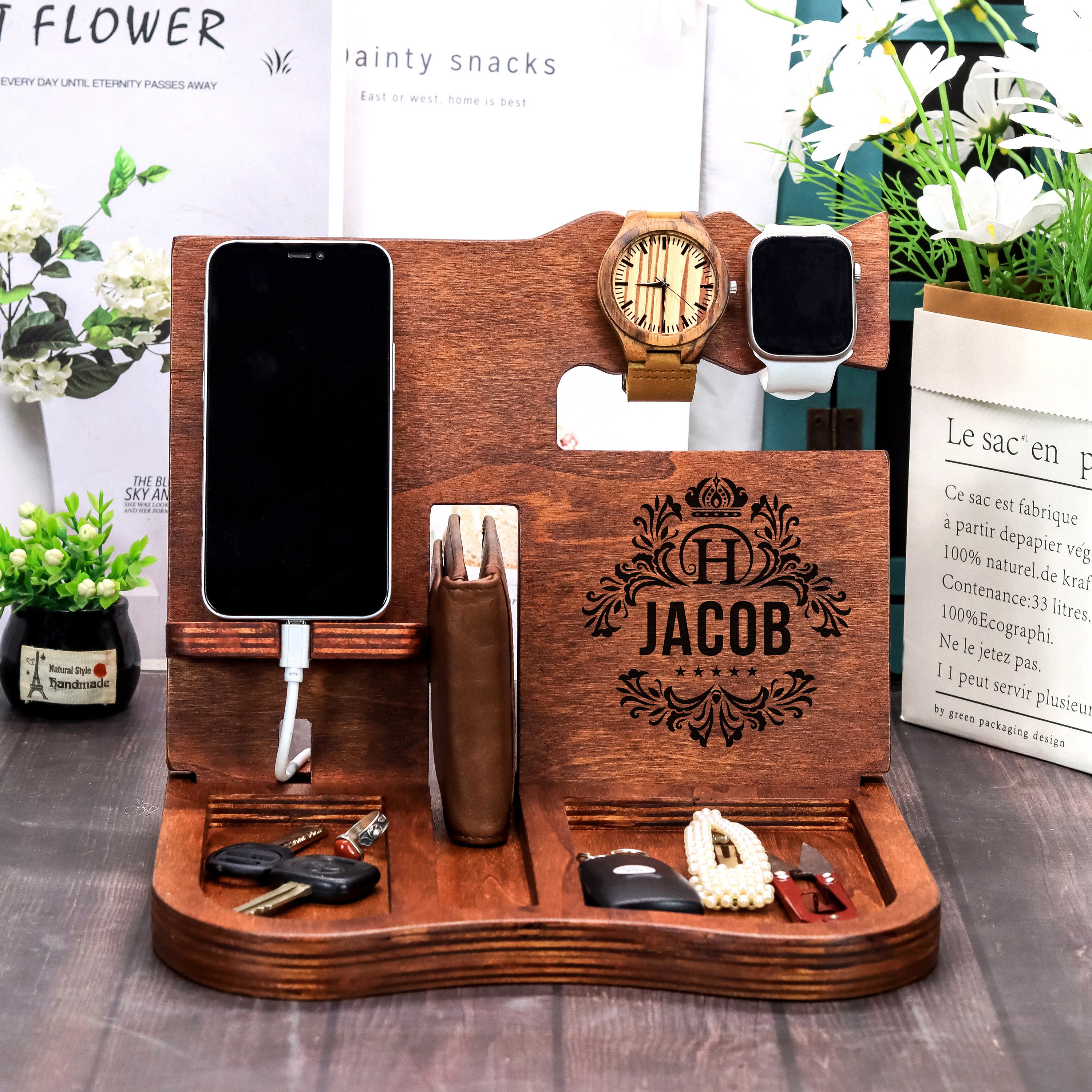  Wood Phone Docking Station Key Holder Nightstand Organizer,  Wife Anniversary Husband Presents for Mens Christmas Graduation Birthday Boyfriend  Gifts Ideas Fathers Day Dad Cool Gadgets for Him (Black) : Cell Phones