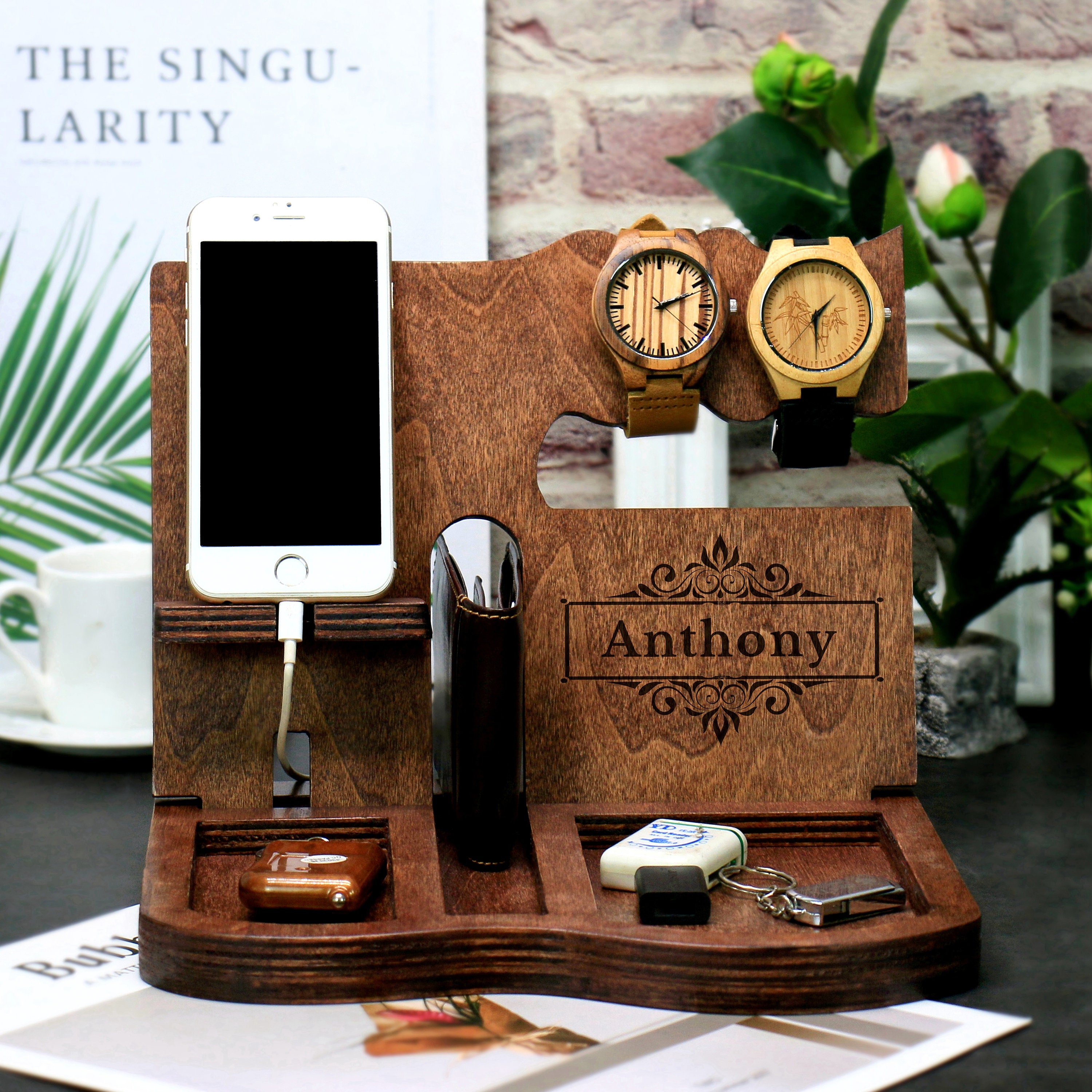 Mens Wood Valet Box,mens Wood Valet Tray,charging Dock,wooden, Docking Station,mens Valet Stand