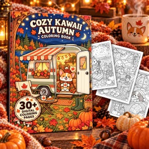 May include: A colouring book titled Cozy Kawaii Autumn featuring a cartoon corgi in a camper van surrounded by autumn foliage. The cover displays the text 30+ Digital Colouring Pages. Three black and white colouring pages are fanned out to the right.