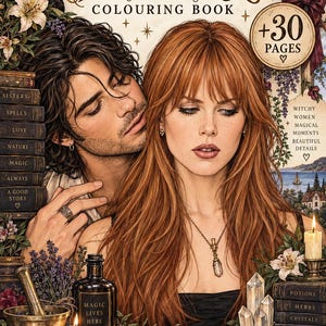 May include: A Practical Magic colouring book featuring an illustration of a couple, a black cat, candles, crystals, and stacks of books. The cover includes text such as +30 PAGES, WITCHY WOMEN, MAGICAL MOMENTS, BEAUTIFUL DETAILS, and COLOUR RELAX BE INSPIRED BELONG.