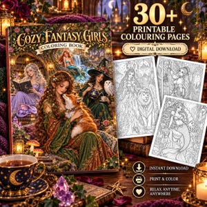 May include: A digital coloring book titled Cozy Fantasy Girls featuring illustrations of women in magical settings with foxes, dragons, and mermaids. The set includes over 30 printable pages with line art designs for instant download and printing.
