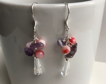 Mother of pearl and amethyst with Swarovski crystals Earrings. 925 Sterling Silver Earrings. Sparkly Dangle Earrings.