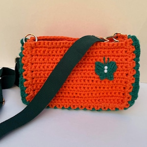 Orange Crochet Handbag with Butterfly Appliqué – Fall-Inspired, Poly Silk Lined