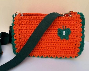 Orange Crochet Handbag with Butterfly Appliqué – Fall-Inspired, Poly Silk Lined