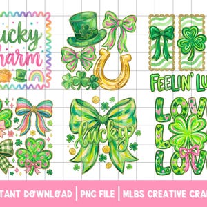 Puede incluir: Una colección de gráficos con temática del Día de San Patricio. Los diseños incluyen tréboles, lazos, un sombrero de duende, una herradura y las palabras "lucky charm", "Feelin' Lucky" y "Love". La paleta de colores es principalmente verde, rosa y dorado.