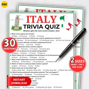 May include: A printable Italy trivia quiz with 30 questions, featuring the Leaning Tower of Pisa and the Italian flag colors. Includes a black pen and a red "Instant Download" banner. Available in 2 sizes.