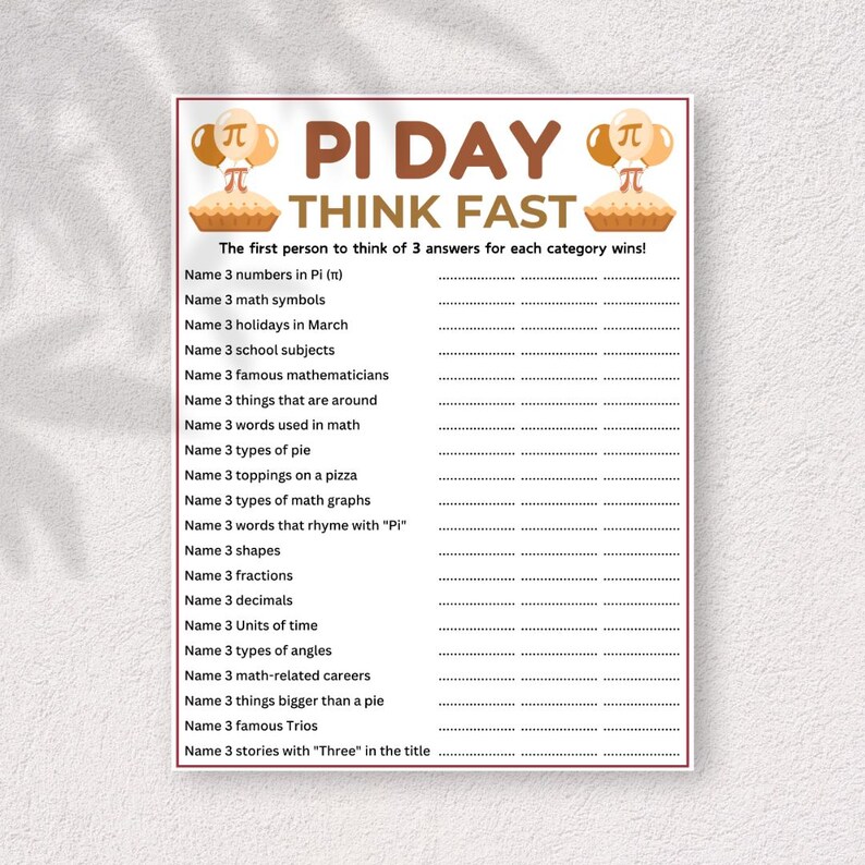Pi Day Think Fast Game! Printable Pi Day Games, Think Quick Trivia Game ...
