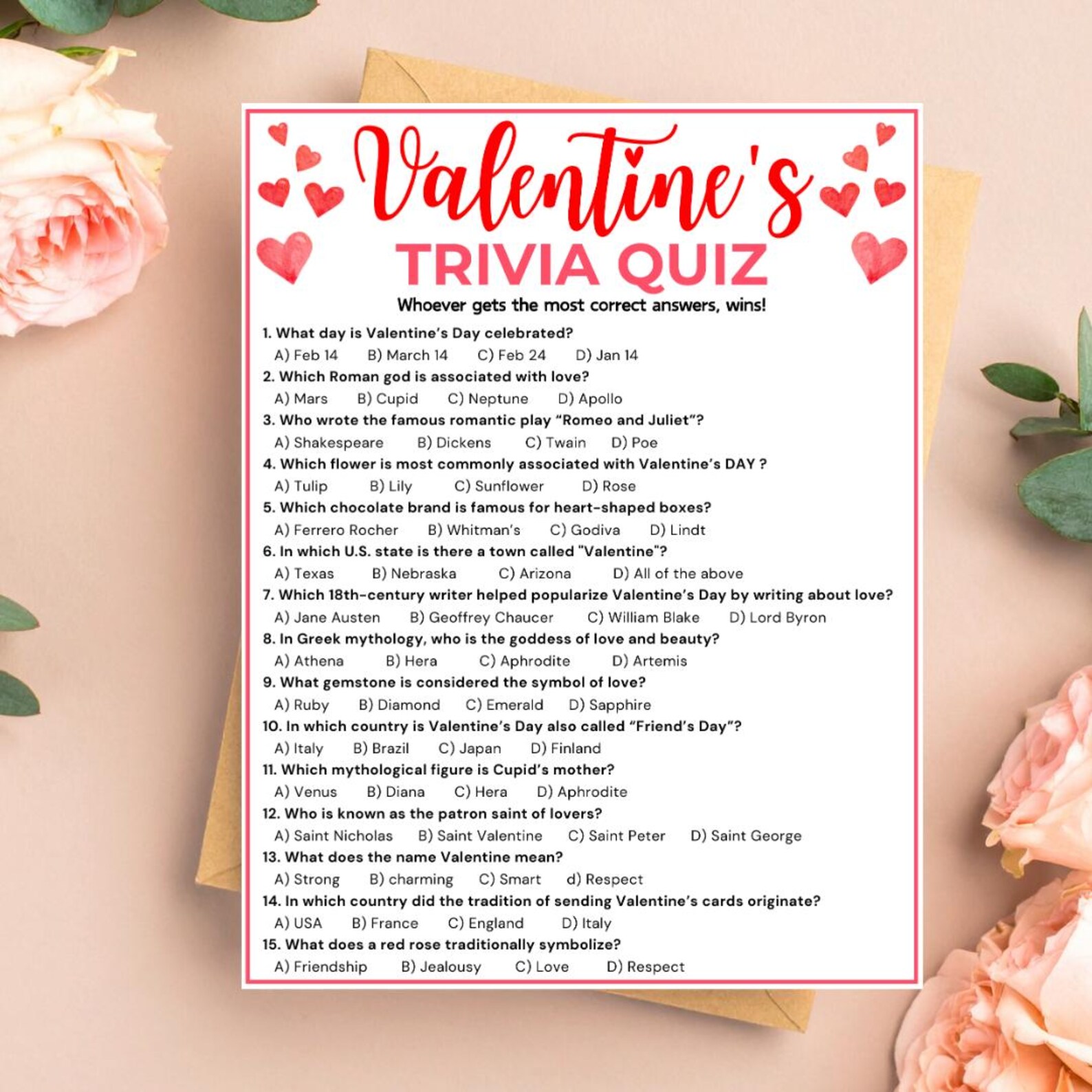 Valentine's Day Trivia Game, Printable Valentines Day Party Game ...