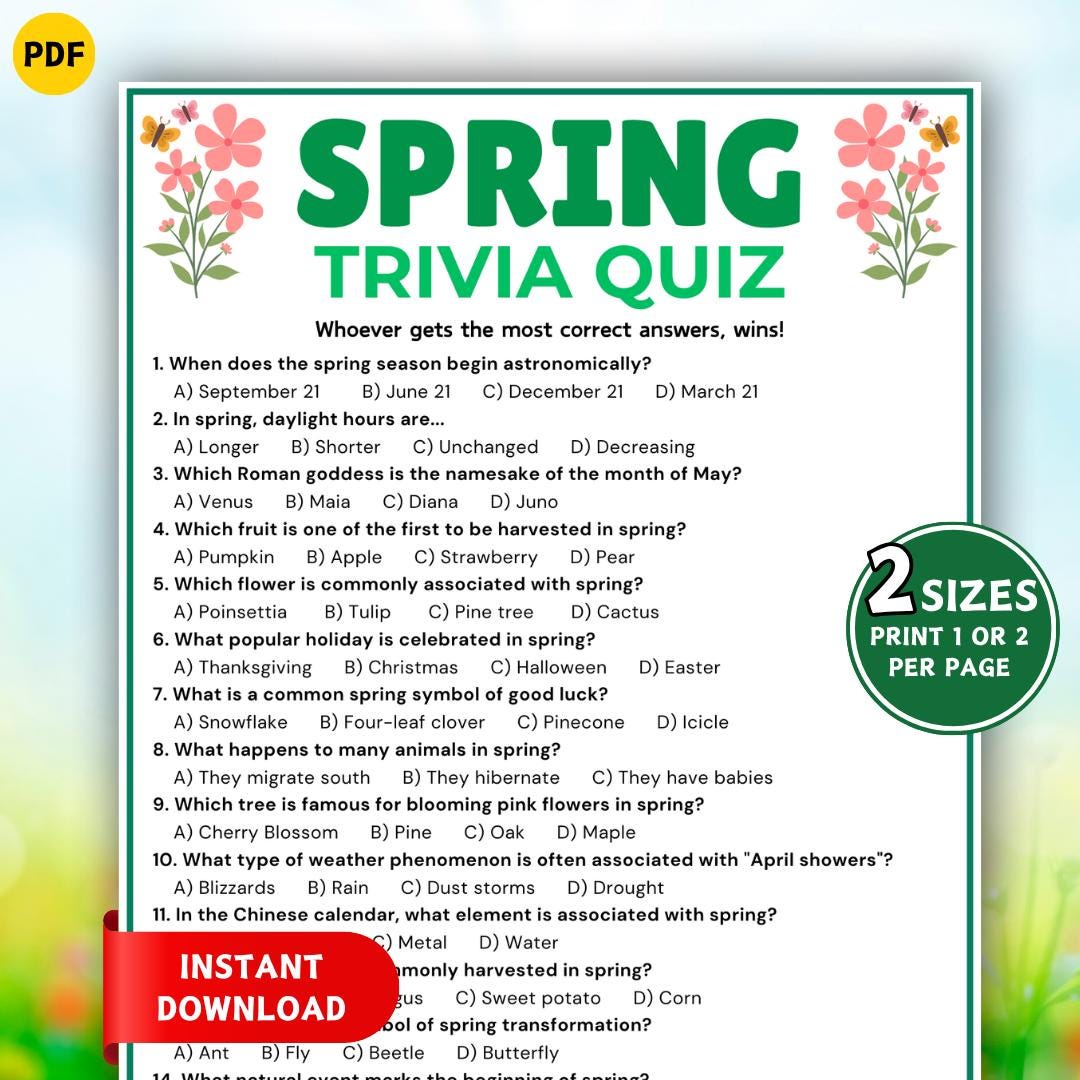 Spring Trivia Game, Spring Trivia Quiz, Printable Spring Game, Spring ...