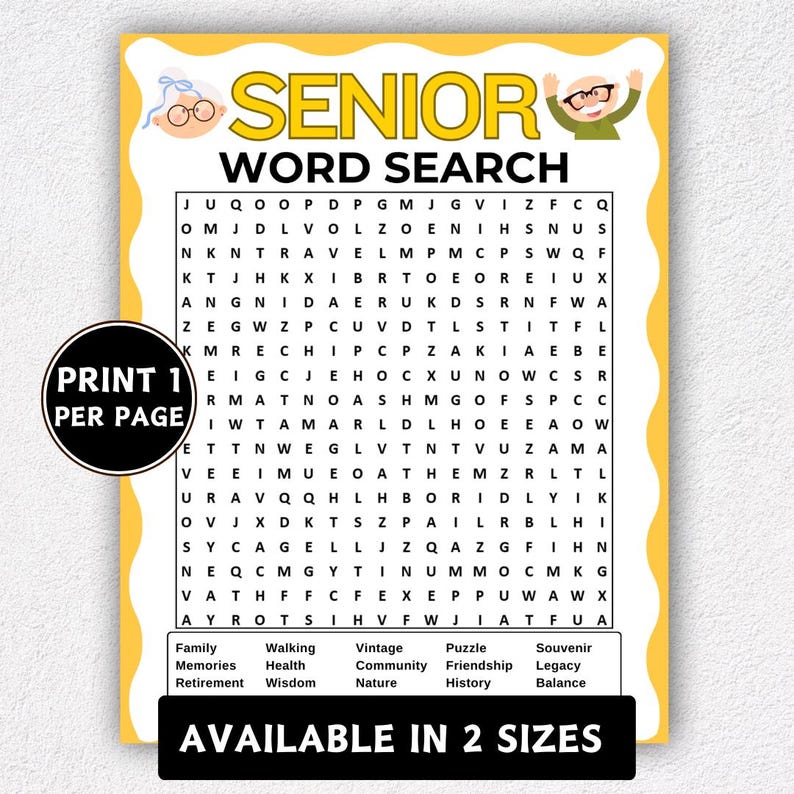 Printable Word Search Game, Games for Senior Citizens, Fun Elderly