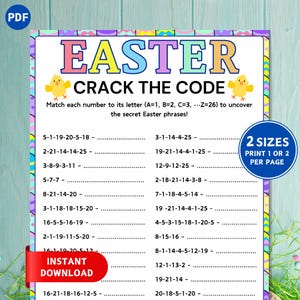 Op de afbeelding: Een afdrukbaar activiteitenblad met een paasthema met de titel "Easter Crack the Code". Het blad heeft een kleurrijke achtergrond met eieren en kuikens. De activiteit vraagt ​​gebruikers om nummers aan letters te koppelen om geheime paaszinnen te decoderen.
