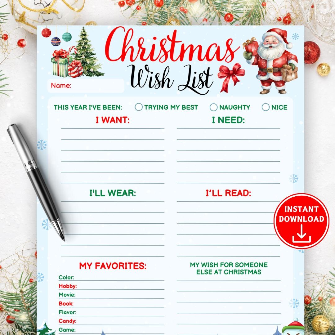 Christmas Wish List for Kids, Printable Holidays Wishlist, Children's ...