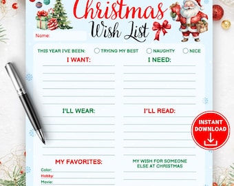 Op de afbeelding: Een lichtblauwe, afdrukbare kerstwensenlijst met feestelijke illustraties en de woorden "Christmas Wish List" in rood script. Bevat secties voor "Ik wil", "Ik heb nodig", "Ik zal dragen" en "Ik zal lezen". Een zwarte pen ligt aan de linkerkant.