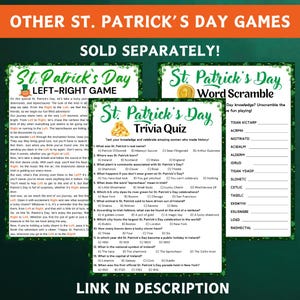 May include: A set of printable St. Patrick's Day games, including a left-right game, a word scramble, and a trivia quiz. The games feature shamrocks, rainbows, and leprechauns.