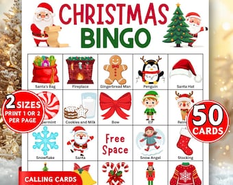May include: A Christmas Bingo game card with festive illustrations, including Santa, a Christmas tree, and a gingerbread man. The card features the text "CHRISTMAS BINGO" and includes 50 cards. The card also says "PRINT 1 OR 2 PER PAGE".