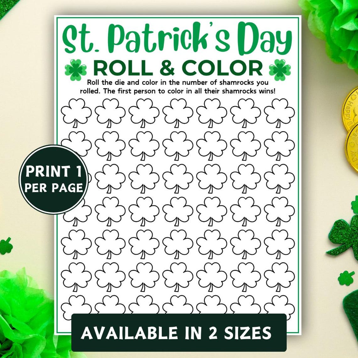 Printable St Patricks Day Roll and Color Game, St Patrick's Party Game ...