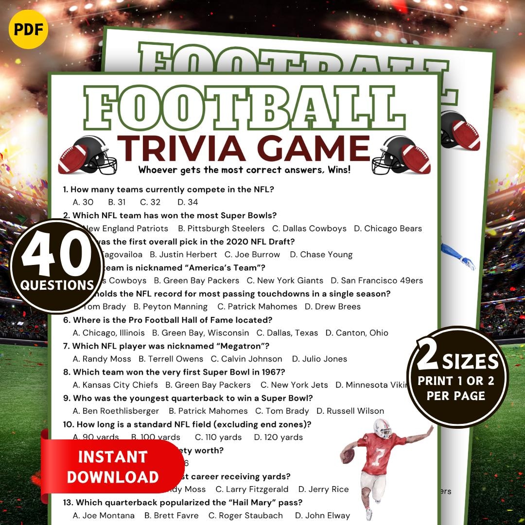 Football Trivia Game, Printable American Football Game, Football