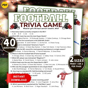 May include: A printable football trivia game with 40 questions, available in two sizes. The design features football helmets and a player illustration. Includes an instant download option for immediate access.
