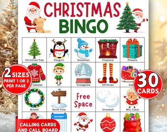 May include: Christmas Bingo game with festive illustrations. The game board features images of a Christmas tree, snowman, Santa, and other holiday-themed icons. The text on the board reads "Christmas Bingo", "2 Sizes", and "30 Cards".