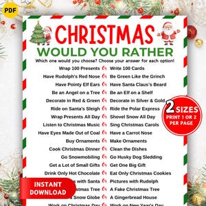 Weihnachten würden Sie lieber Spiel, Familienweihnachtsspiel, Weihnachtsfeier Spiel, druckbare Feiertagsspiele, Weihnachtsaktivität für Kinder und Erwachsene