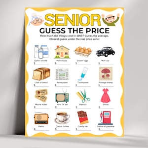 May include: A yellow poster with the text "SENIOR GUESS THE PRICE" and illustrations of items like milk, a house, eggs, a car, bread, a newspaper, toothpaste, a stamp, a movie ticket, a TV, scissors, a dress, a radio, coffee, a candy bar, and a gas pump.