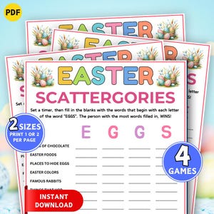 May include: Easter Scattergories game printable with colorful text and Easter-themed graphics. The game includes fill-in-the-blank prompts for Easter-related words. The image also shows the text "Instant Download" and "4 Games".