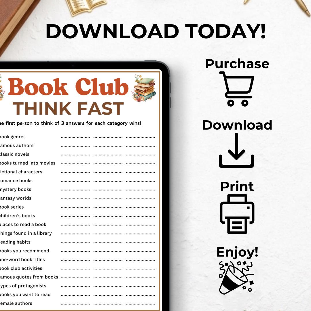 Think Fast Game, Printable Book Club Games, Think Quick Trivia, Book ...