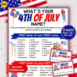 What&#39;s Your 4th of July Name Game, Name Generator Game, Name Tags, Printable 4th of July Party Game, Independence Day, Patriotic Name Game
