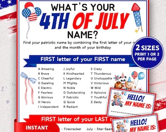 What's Your 4th of July Name Game, Name Generator Game, Name Tags, Printable 4th of July Party Game, Independence Day, Patriotic Name Game