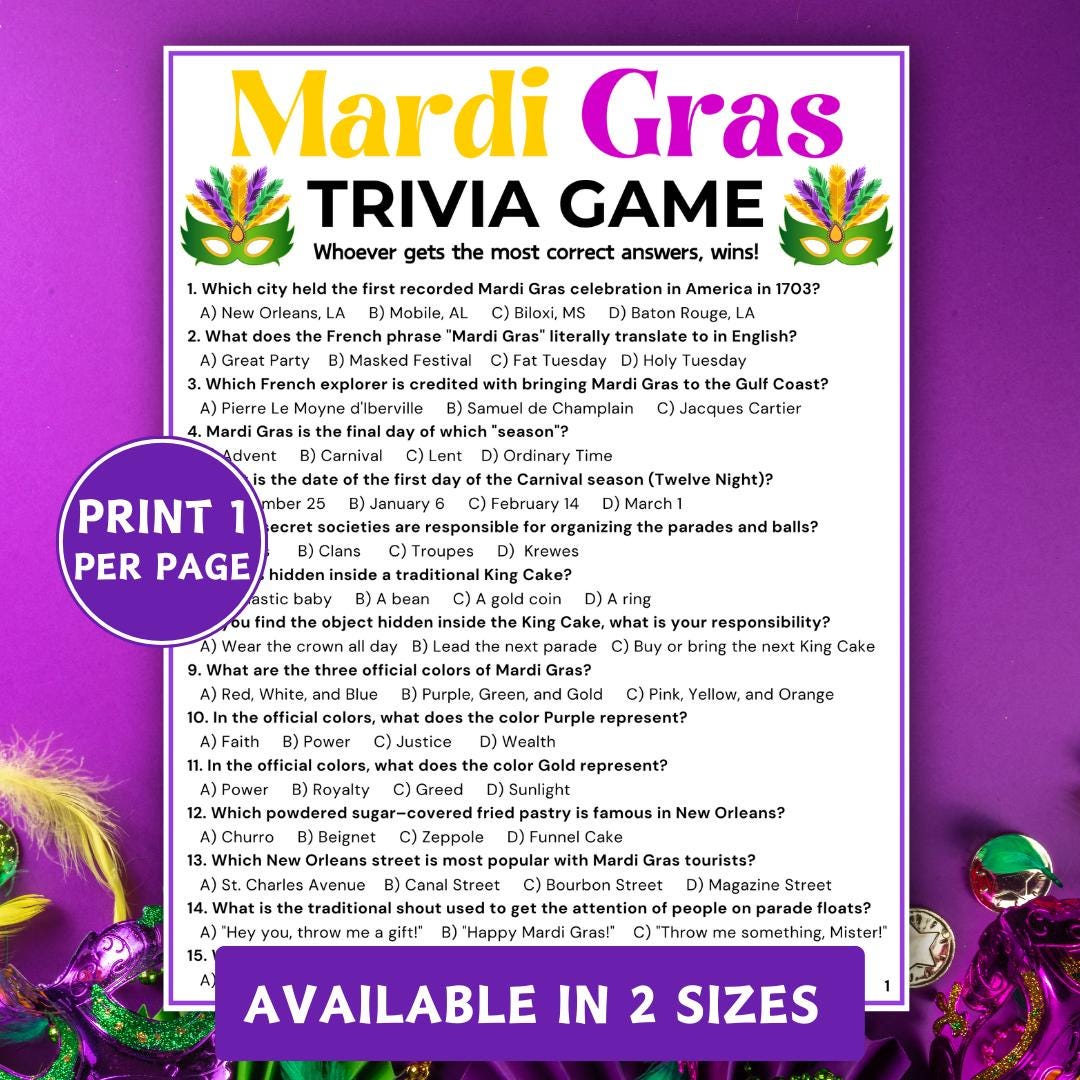 Mardi Gras Trivia Game, Printable Mardi Gras Party Games, Mardi Gras ...