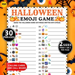以下が含まれることがあります： オレンジ色のカボチャと「ハロウィン絵文字ゲーム」のテキストが入った、印刷可能なハロウィン絵文字ゲーム。ゲームには、1ページあたり1つまたは2つを印刷するオプションがあり、30のフレーズを推測できます。コールカードとコールボードが含まれています。
