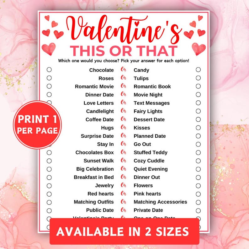 Printable Valentine's Day This or That Game, Would You Rather Questions ...