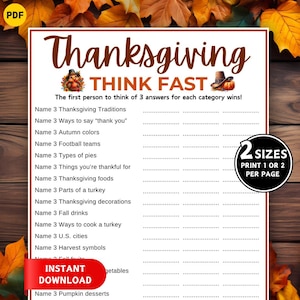 Könnte beinhalten: Druckbares Thanksgiving-Spiel mit festlichem Design. Das Spiel umfasst Kategorien wie Traditionen, Speisen und Dekorationen. Der Text lautet "Thanksgiving THINK FAST" und "INSTANT DOWNLOAD". Erhältlich in zwei Größen.