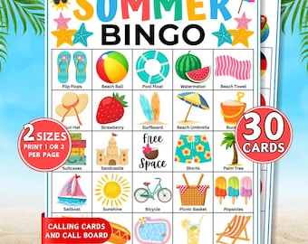 Summer Bingo, 30 Printable Summer Bingo Cards, Summer Activity, Beach Bingo Game, Summer Party Game, Vacation Games, Kids Summertime Games