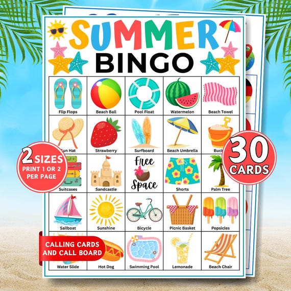 Summer Bingo, 30 Printable Summer Bingo Cards, Summer Activity, Beach Bingo Game, Summer Party Game, Vacation Games, Kids Summertime Games