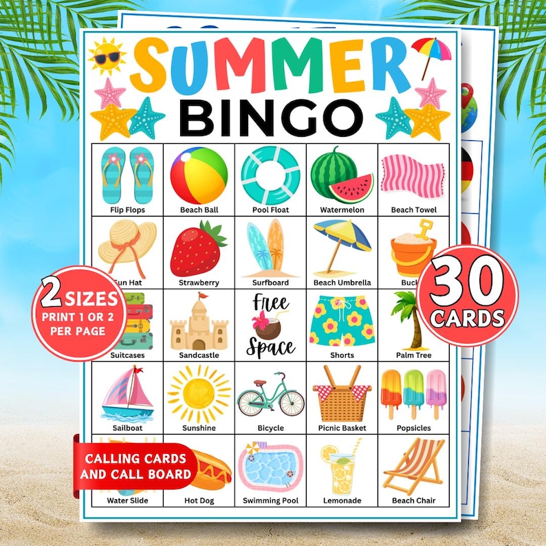 Summer Bingo, 30 Printable Summer Bingo Cards, Summer Activity, Beach Bingo Game, Summer Party Game, Vacation Games, Kids Summertime Games image 1
