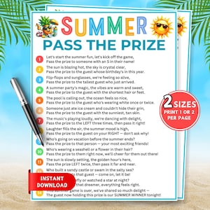 May include: A Summer Pass the Prize game card featuring a colorful title, a cartoon pineapple, and a sun wearing sunglasses. The card lists fourteen numbered rhyming instructions for a party game, with a red circle stating 2 SIZES PRINT 1 OR 2 PER PAGE.