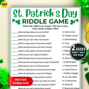 May include: A St. Patrick's Day riddle game printable with green text and shamrock accents. The game includes questions about leprechauns and answers. The words "Instant Download" are on a red banner. The game is available in two sizes.