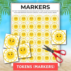 May include: A printable sheet of yellow sun markers with smiling faces, featuring a grid of circular tokens. The text reads MARKERS, CUT OUT THE MARKERS AND GIVE ENOUGH OF THEM TO EACH PLAYER OR USE YOUR OWN MARKERS INSTEAD, and TOKENS (MARKERS).