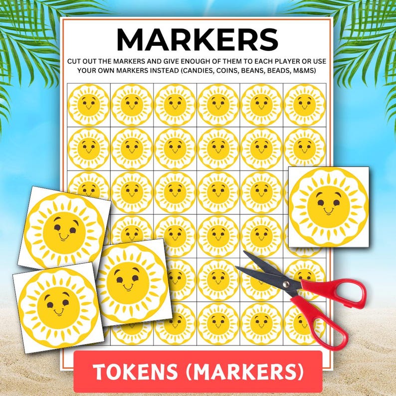 May include: A printable sheet of yellow sun markers with smiling faces, featuring a grid of circular tokens. The text reads MARKERS, CUT OUT THE MARKERS AND GIVE ENOUGH OF THEM TO EACH PLAYER OR USE YOUR OWN MARKERS INSTEAD, and TOKENS (MARKERS).